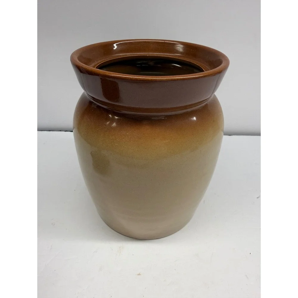 Vintage Stoneware Butter Churn Crock with Wooden Dasher Cottage Scene Brown Tan